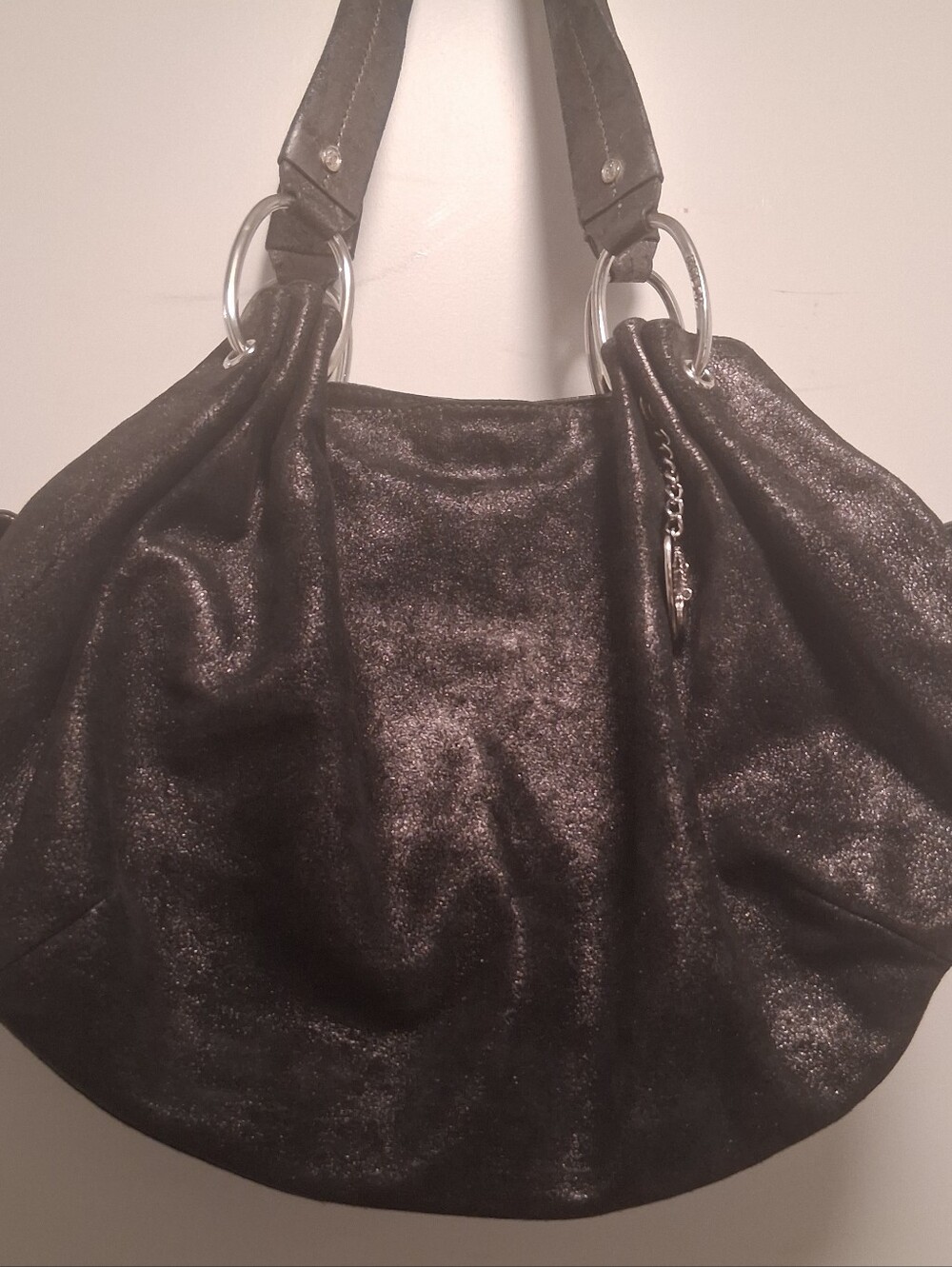 Vintage Y2K Juicy Couture Black Metallic Shimmer Leather Shoulder Bag Hobo - Picture 2 of 10
